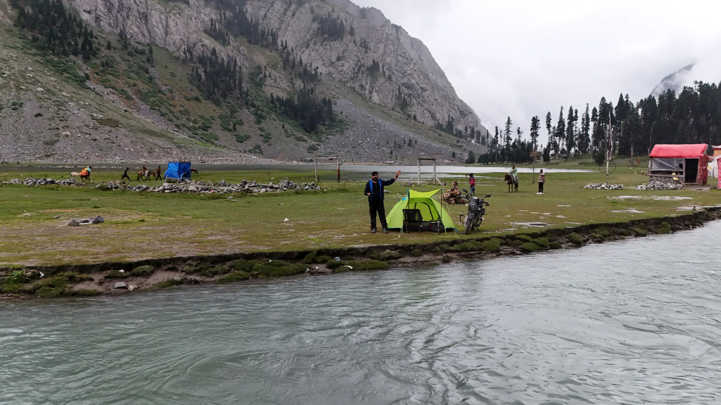 Motorcycle camping at Mahodand Lake in Pakistan